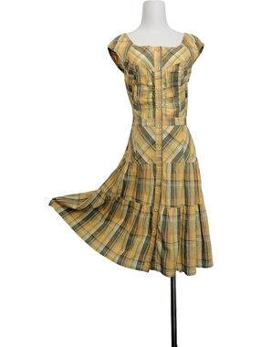🐝🐝 Vintage-Inspired Yellow Plaid Button-Front Midi Dress
